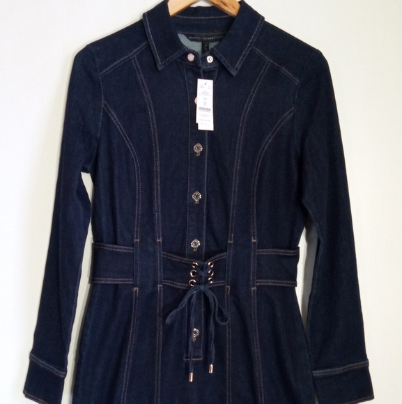 WHBM long sleeve button down stretch denim midi dress with denim lace up belt - Picture 1 of 14